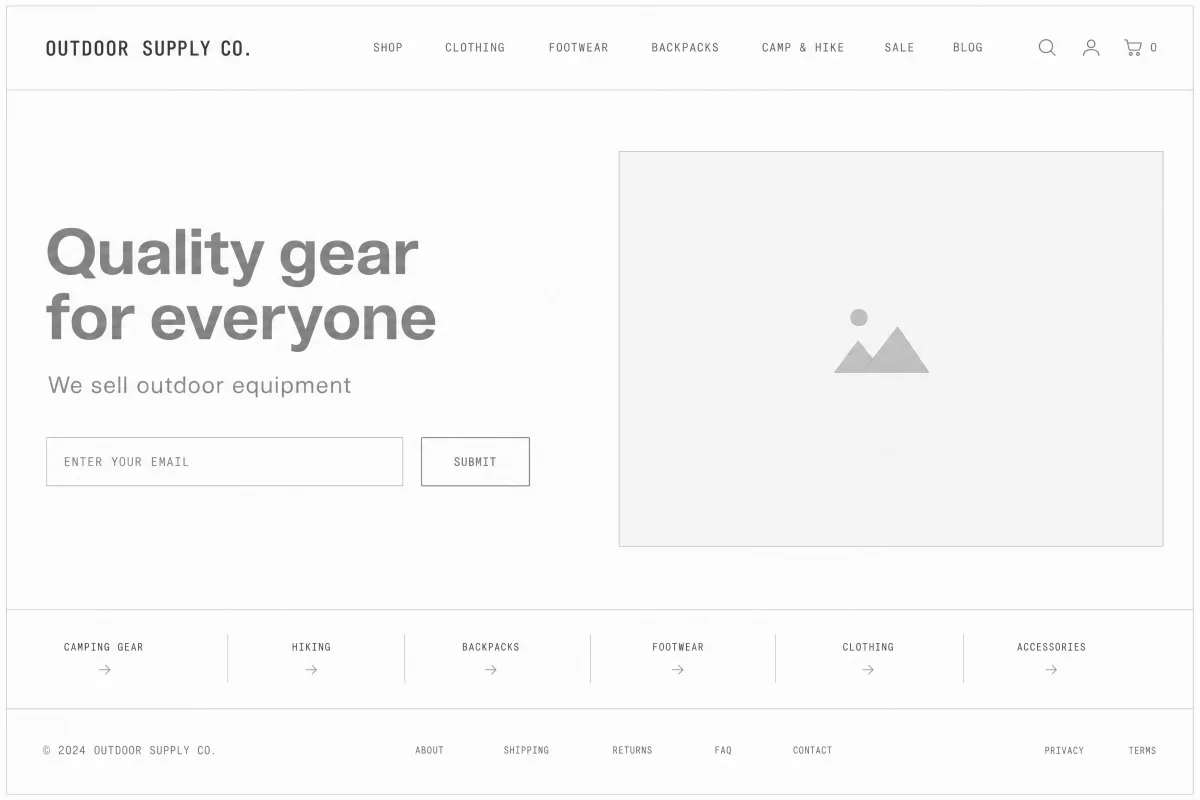 Original Outdoor Supply Co. homepage: a vague “Quality gear for everyone” headline, an empty placeholder image, and a plain outlined Submit button.